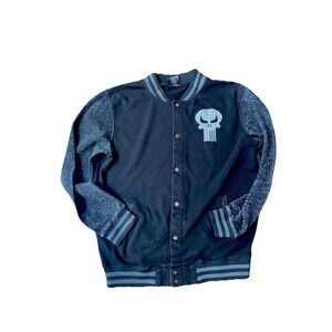 Marvel Boys Jacket Punisher Skull Varsity Snap Front Size L Black Gray Logo